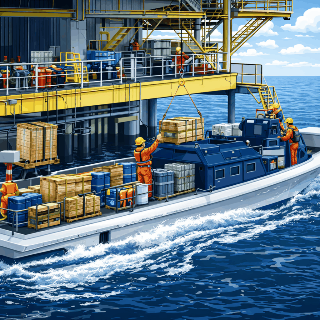 Bevoorrading van booreiland per schip