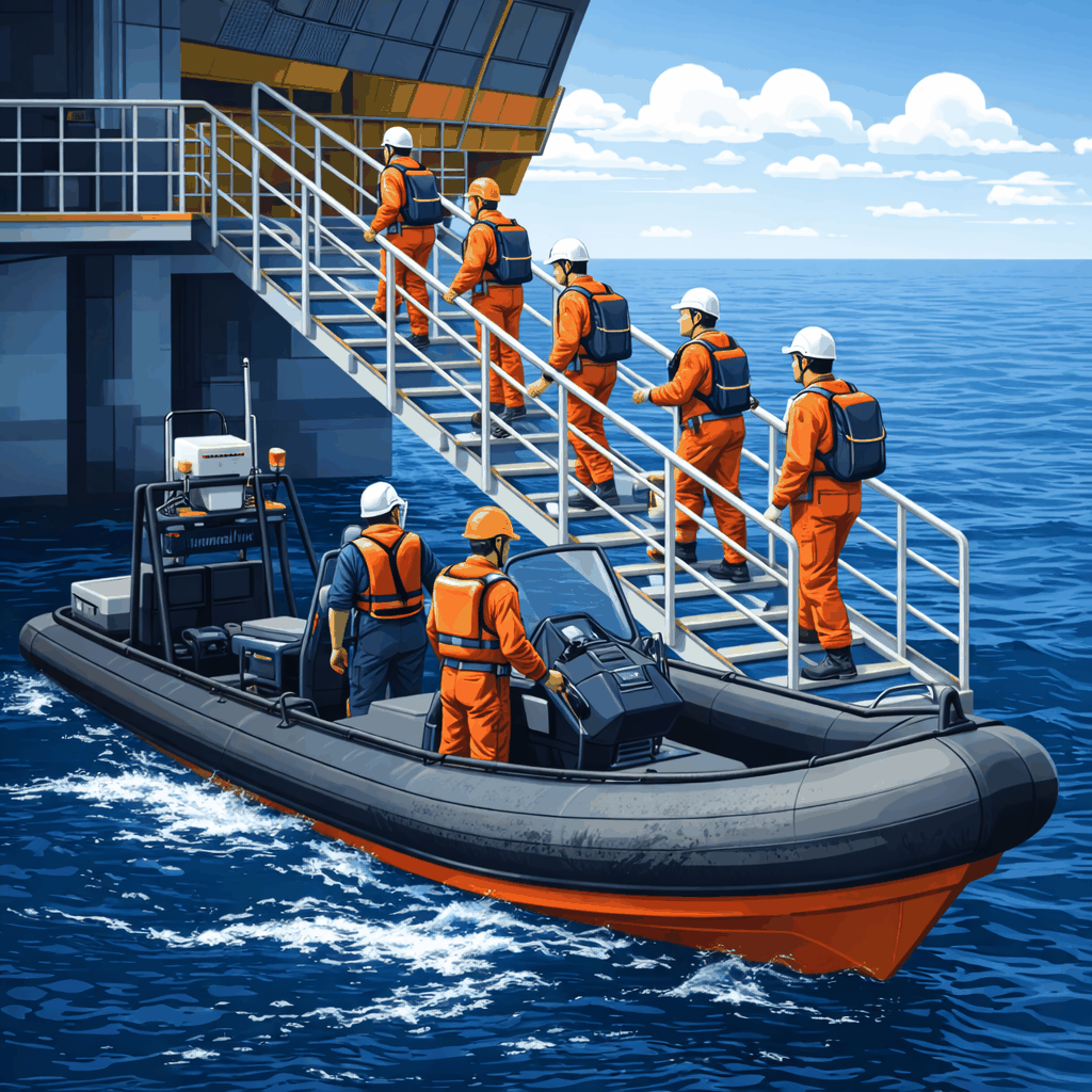 Crew change. Personen stappen van boord aan bij een booreiland