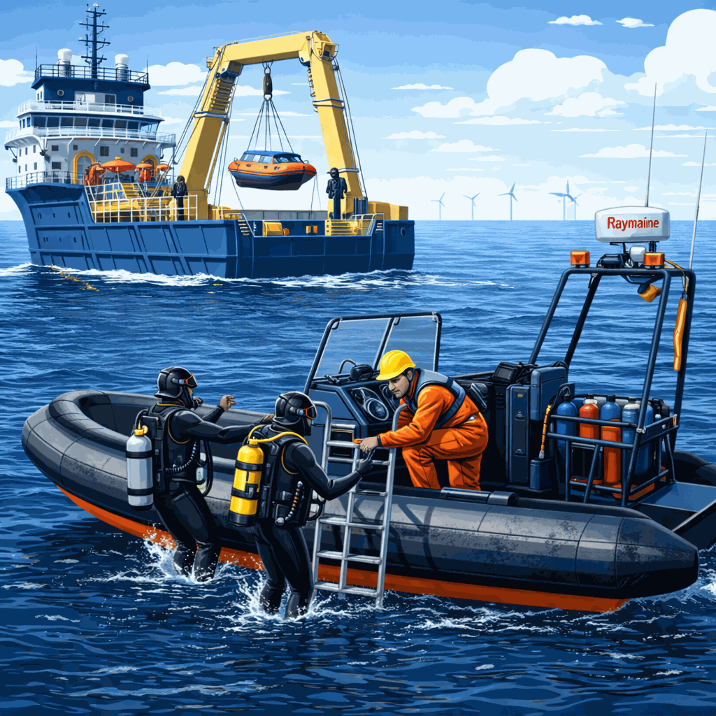 Twee duikers die aan boord klimmen bij een rib